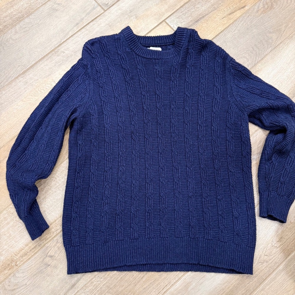 American Eagle Mens Navy Blue Cable Knit Crew Neck Sweater Large Tall L Tall